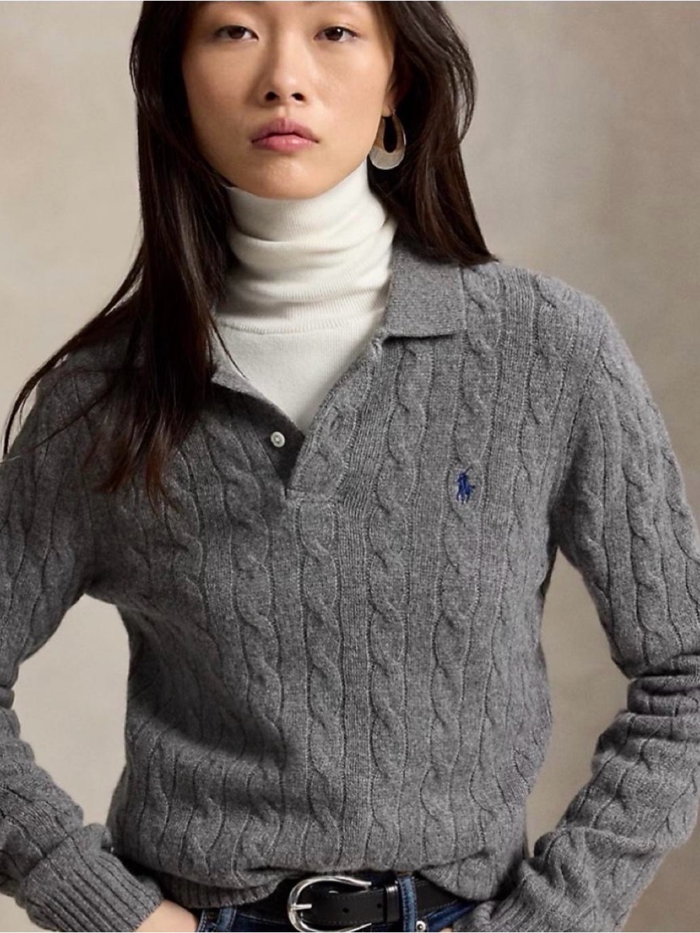 NWT Polo Ralph Lauren Women's Gray Cable-Knit Polo Sweater Medium